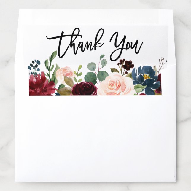 Brush Script Burgundy Blue Floral Thank You Envelope Liner (In Envelope)