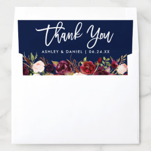 Brush Script Burgundy Floral Blue Thank You Envelope Liner