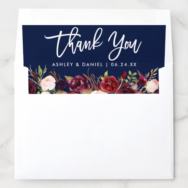 Brush Script Burgundy Floral Blue Thank You Envelope Liner (In Envelope)