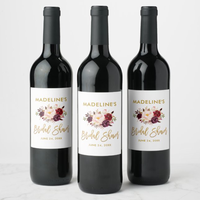 Brush Script Burgundy Floral Gold Bridal Shower Wine Label (Bottles)