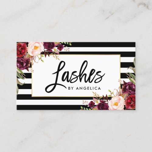 Brush Script Burgundy Floral Lashes Striped Business Card