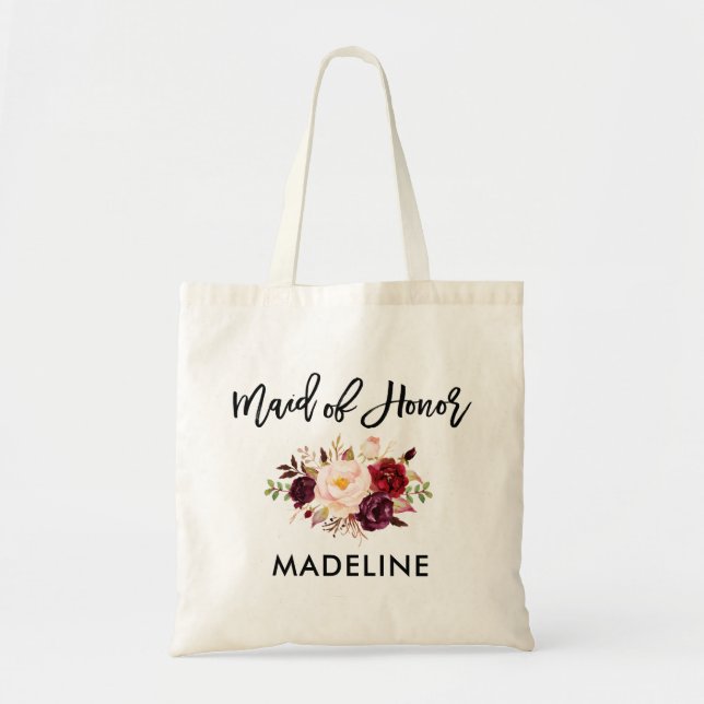 Brush Script Burgundy Floral Maid of Honor Tote Bag (Front)
