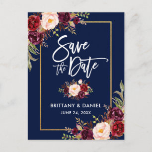 Brush Script Burgundy Floral Save the Date Announcement Postcard