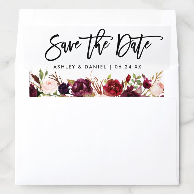 Brush Script Burgundy Floral Save The Date Envelope Liner (In Envelope)