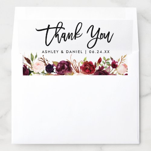 Brush Script Burgundy Floral Wedding Thank You Envelope Liner