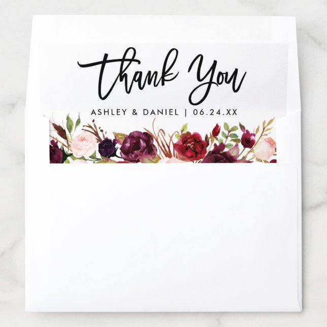 Brush Script Burgundy Floral Wedding Thank You Envelope Liner (In Envelope)