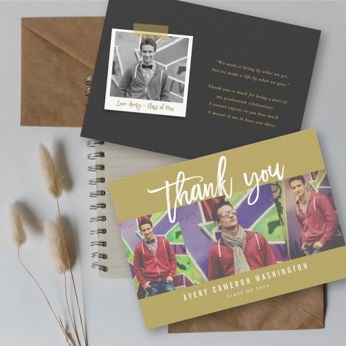 Brush Script Calligraphy 3 Photo Modern Graduation Thank You Card