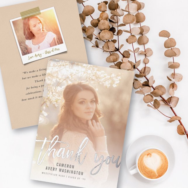 Brush Script Calligraphy Modern Photo Graduation Foil Invitation (Brushed Script Calligraphy Modern Photo Graduation Thank You Flat Card @ zazzle.com/color_therapy)