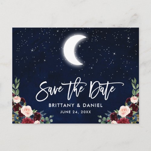 Brush Script Celestial Moon Floral Save the Date Announcement Postcard