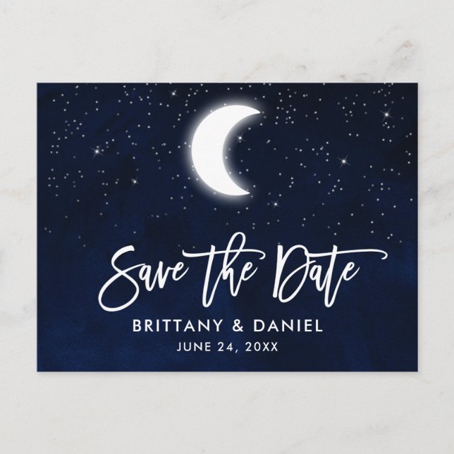 Brush Script Celestial Moon Stars Save the Date Announcement Postcard (Front)