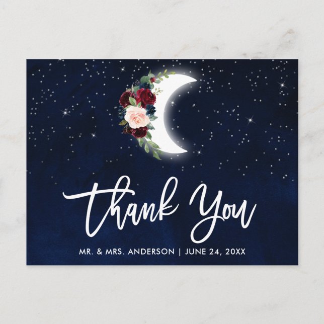 Brush Script Celestial Wedding Floral Moon Thanks Postcard (Front)
