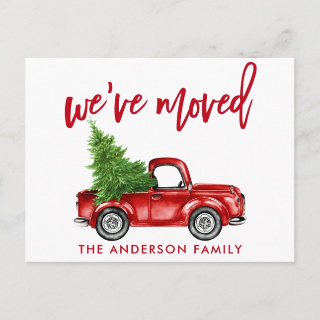 Brush Script Change of Address Red Truck Tree Postcard (Front)