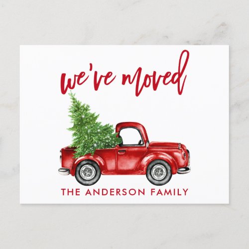 Brush Script Change of Address Red Truck Tree Postcard