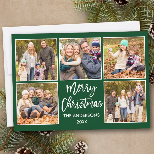 Brush Script Christmas 5 Photo Green Holiday Card (Customize to add text to back of card or to change background color of card.)