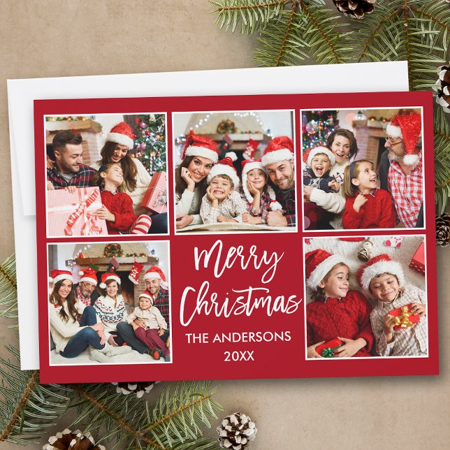 Brush Script Christmas 5 Photo Red Holiday Card (Customize to add text to back of card or to change background color of card.)