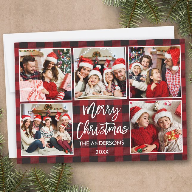 Brush Script Christmas 5 Photo Red Plaid Holiday Card (Customize to add text to back of card.)