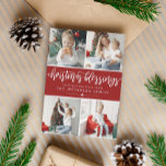 Brush Script Christmas Blessings Photo Collage Holiday Card<br><div class="desc">Red and white Christmas card with four of your photos in a modern and clean collage with square photos. Christmas blessings written in a charming font. The back features preppy stripes in red and white.</div>