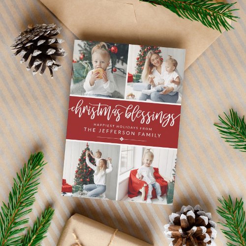 Brush Script Christmas Blessings Photo Collage Holiday Card