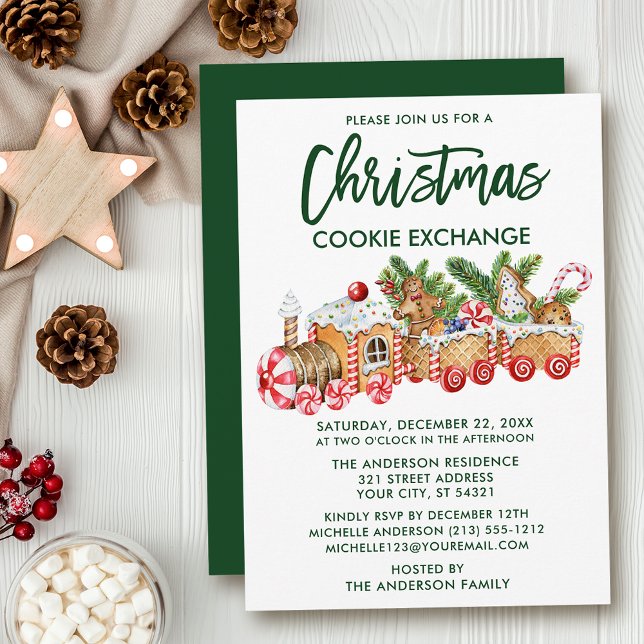 Brush Script Christmas Cookie Exchange Invitation (Customize to change your personalized text size, style, color or to change color of back of card.)