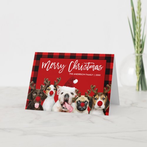 Brush Script Christmas Dogs Red Plaid Folded Holiday Card