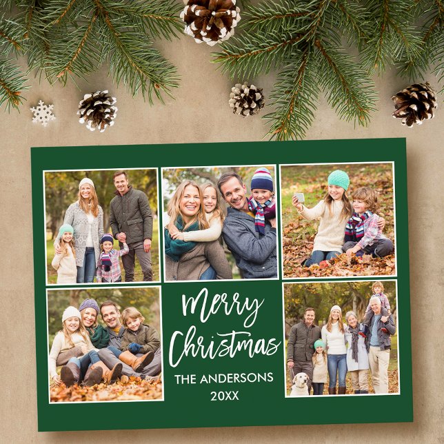 Brush Script Christmas Family 5 Photo Green Postcard (Customize to change your personalized text size or text style.)