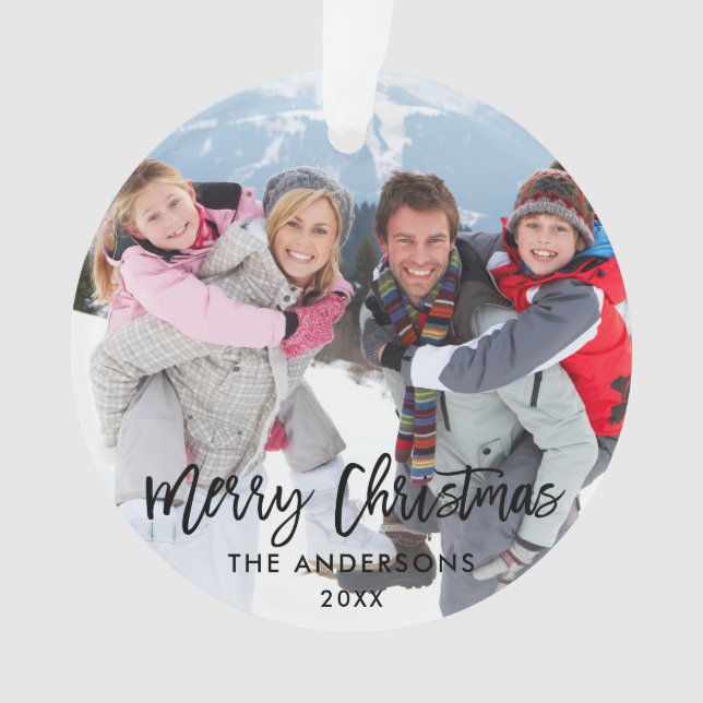 Brush Script Christmas Family Photo White Ribbon Ornament (Front)