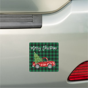Brush Script Christmas Green Plaid Vintage Truck Car Magnet