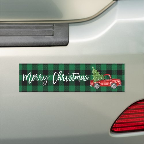 Brush Script Christmas Green Vintage Truck Bumper Car Magnet