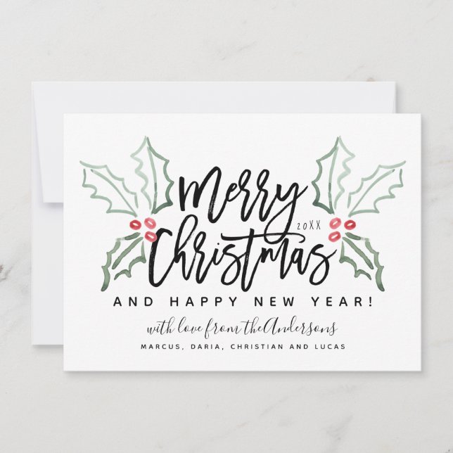 Brush Script Christmas Hollies Holiday Card (Front)