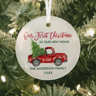Brush Script Christmas New Home Truck Round Glass Ornament