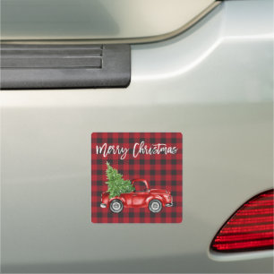 Brush Script Christmas Plaid Vintage Red Truck Car Magnet