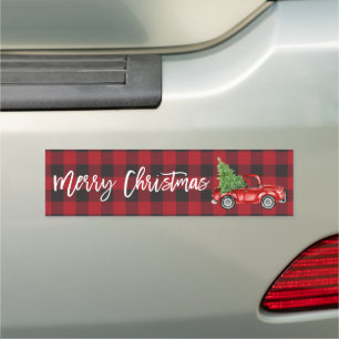 Brush Script Christmas Plaid Vintage Truck Bumper Car Magnet