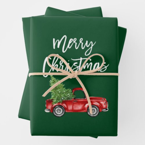 Brush Script Christmas Red Truck Green Wrapping Paper Sheets