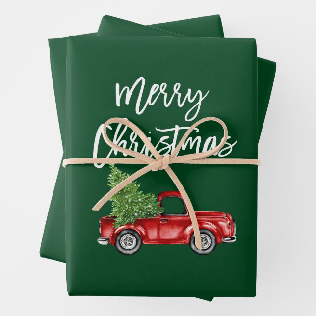Brush Script Christmas Red Truck Green Wrapping Paper Sheets (In situ)