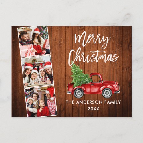 Brush Script Christmas Red Truck Wood 3 Photo Postcard