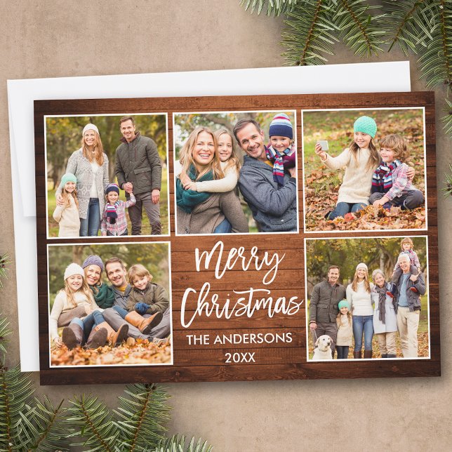 Brush Script Christmas Rustic Wood 5 Photo Holiday Card (Customize to add text to back of card.)