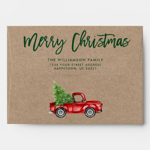 Brush Script Christmas Truck Kraft Green Envelope