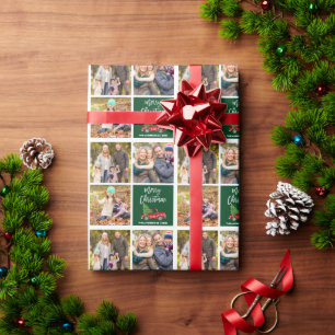 Brush Script Christmas Vintage Truck 3 Photo Green Wrapping Paper