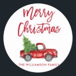 Brush Script Christmas Vintage Truck Envelope Seal<br><div class="desc">Brush Script Watercolor Red Vintage Truck with Christmas Tree - Merry Christmas Family Name Envelope Seal</div>