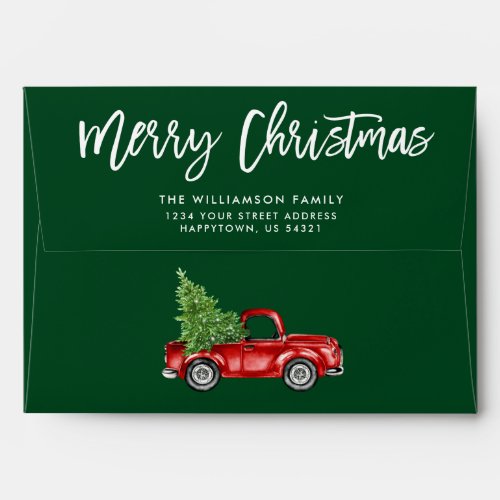 Brush Script Christmas Vintage Truck Green Envelope