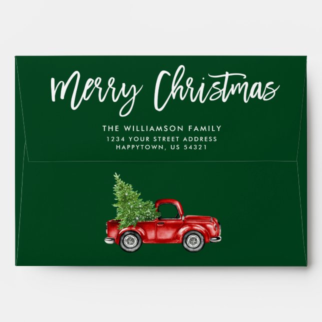 Brush Script Christmas Vintage Truck Green Envelope (Back (Top Flap))