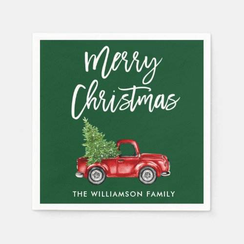 Brush Script Christmas Vintage Truck Green Napkins