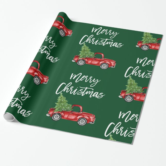 Brush Script Christmas Vintage Truck Green Wrapping Paper (Unrolled)