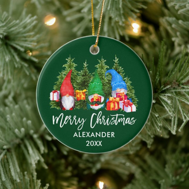 Brush Script Christmas Watercolor Gnomes Green Ceramic Ornament (Tree)