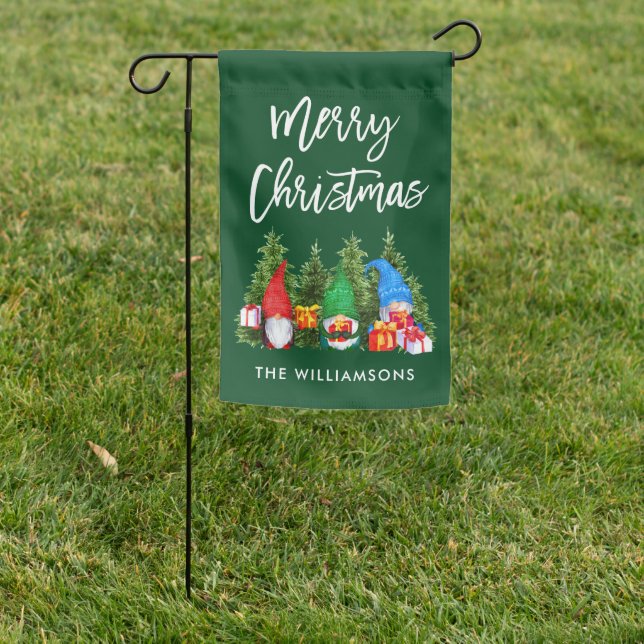 Brush Script Christmas Watercolor Gnomes Green Garden Flag (In SItu)