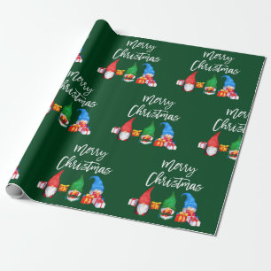 Brush Script Christmas Watercolor Gnomes Green Wrapping Paper