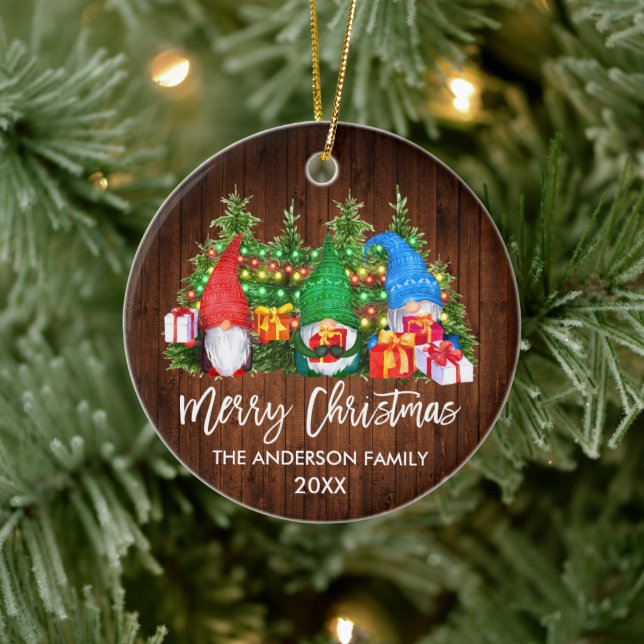 Brush Script Christmas Wood Lights Gnomes Ceramic Ornament (Tree)