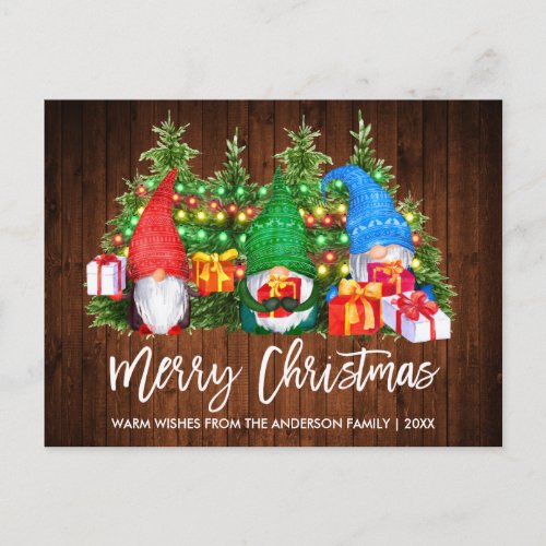 Brush Script Christmas Wood Lights Gnomes Postcard