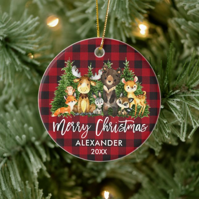 Brush Script Christmas Woodland Animals Plaid Ceramic Ornament (Tree)