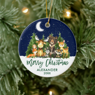 Brush Script Christmas Woodland Forest Animals Ceramic Ornament